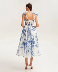 Floral Print Tie Up Buster Flare Mesh Midi Dress