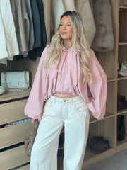 Short Pink Balloon Sleeve Bomber Pleated Zipper Jacket