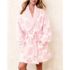 Heart/Bow Print Fleece Robe Loungewear
