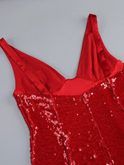 Red Deep V-Neck Sequin Long Dress