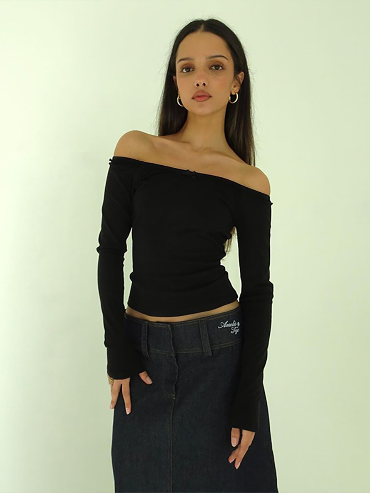 Off-Shoulder Long Sleeve Bow Top