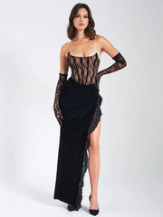 Black Lace Tube Frill Slit Maxi Dress