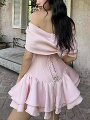 Pink Satin Ruffles Lace-up Mini Dress With Shawl