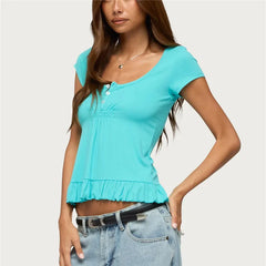 Short Sleeve Buttoned Ruched Bust T-Shirt