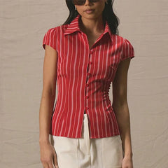 Red Stripe Short-Sleeved Button-Up Shirt