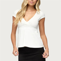 Polka Dot Waist Band V-Neck Cap Sleeve T-Shirt