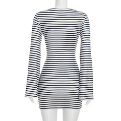 Striped O-Neck Bell Sleeve Mini Dress