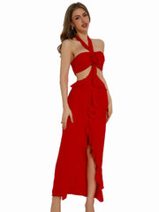 Red Flower Ruffles Halter Maxi Dress