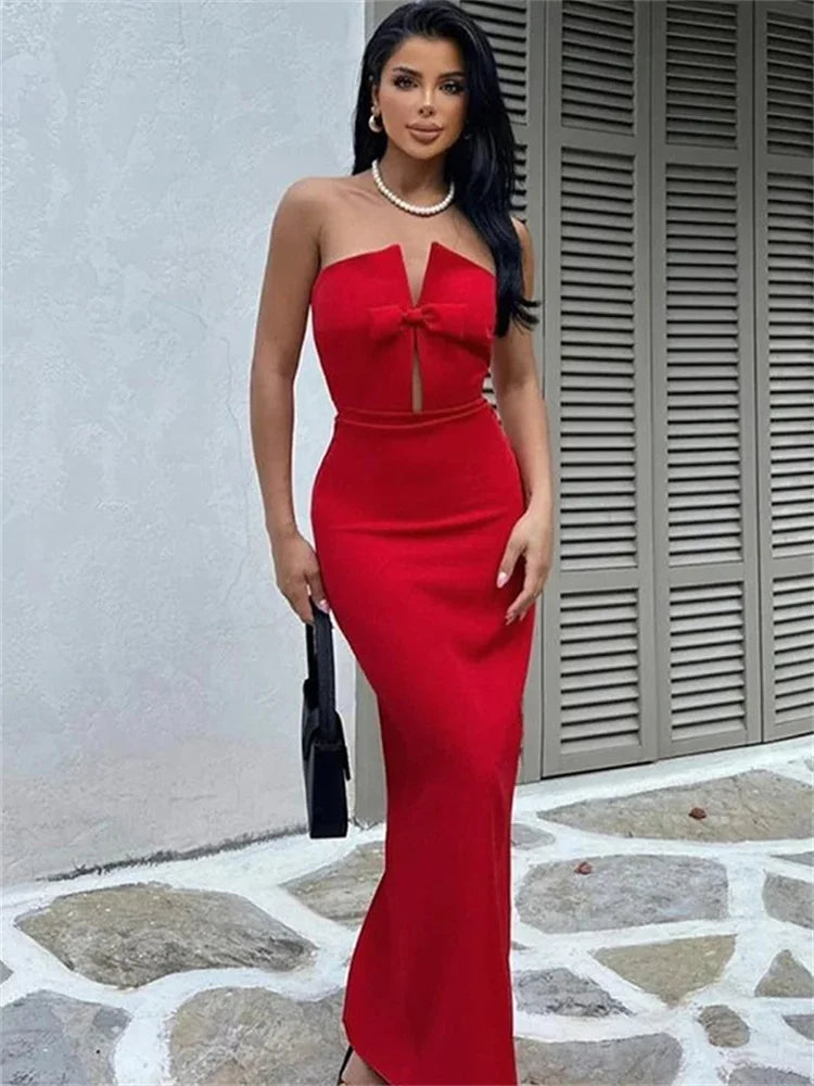 Off Strap Shoulder Bow High Waist Solid Color Long Dress