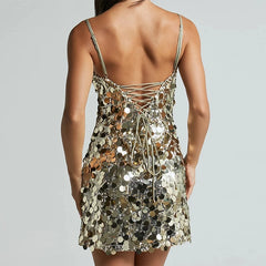 Sequin Spaghetti Strap Back Lace Up Mini Dress