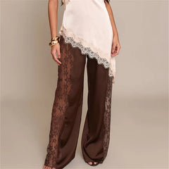 Satin Wide Leg Lace Patchwork Drawstring Pants