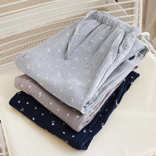 Cotton Star Print Drawstring Wide Leg Pants