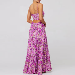 Spaghetti Straps Cross Tie-up Front Floral Print Cutout Long Dress