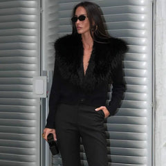 Black Cropped Faux Fur Removable Collar Cardigan