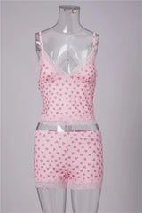 Heart Print Lace Trim Spaghetti Strap Crop Top And Shorts Pajama Set
