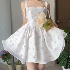 White Floral Print Tie Up Tulle Hem Mini Dress