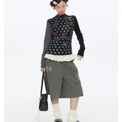 Grey Polka Dot Ruffles Patchwork Capri Pants