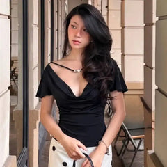 Black Draped Neckline T-Shirt