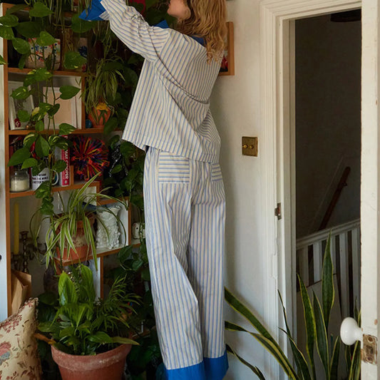 Striped Contrast Colour Long Sleeve Top with Pants Loungewear Set