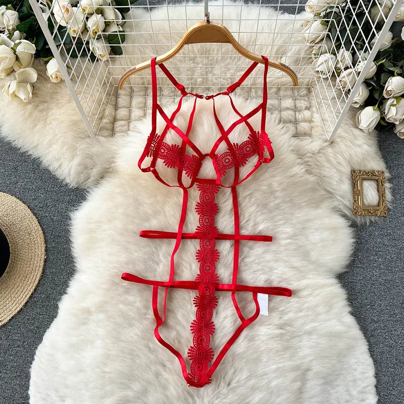 Red Floral Strappy Bodysuit Lingerie