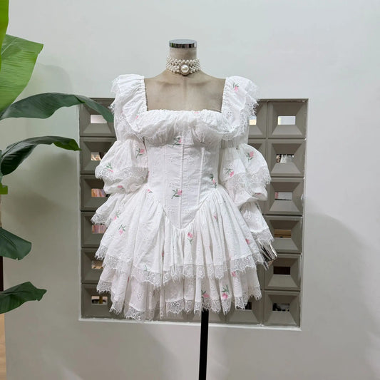 White Square Collar Puff Long Sleeve Lace Trim Floral Embroidered Mini Dress
