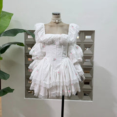 White Square Collar Puff Long Sleeve Lace Trim Floral Embroidered Mini Dress
