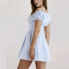 Ruched Corset Puff Sleeve Elastic Square Collar Mini Dress