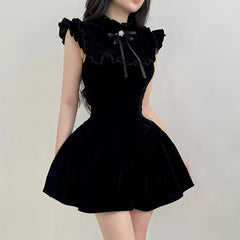 Ruffle Sleeve High Neck Velvet Black Mini Dress