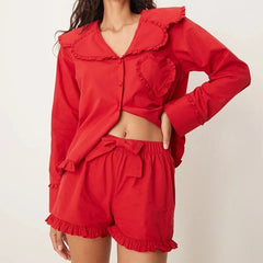 Red Frill Trim Long Sleeve Button Up Blouse And Elastic Shorts Loungewear Set