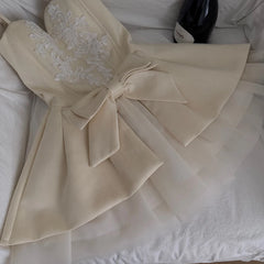 Spaghetti Strap A-Line Tiered Embroidered Bow Tulle Mini Dress