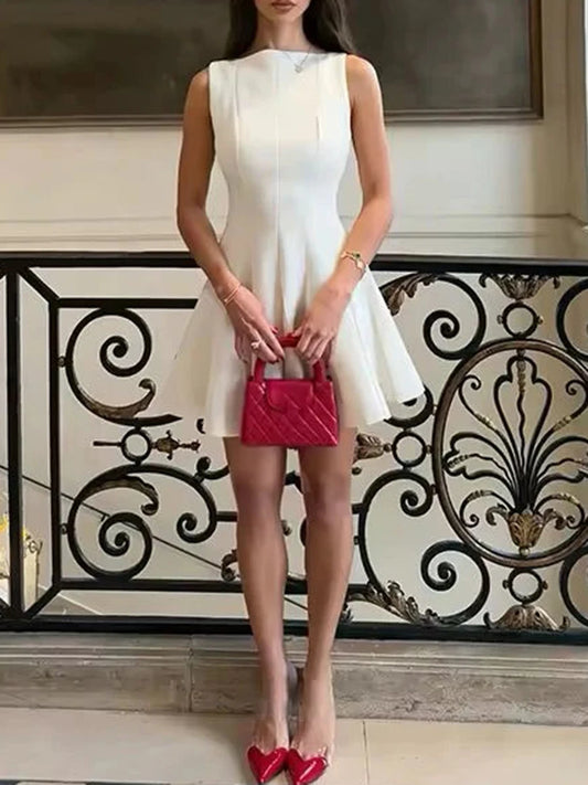 Solid O Neck Sleeveless A-line Mini Dress