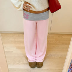 Pink Low Waisted Floral Embellished Straight Leg Pants