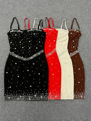 Spaghetti Straps Pearls Rhinestone Bandage Mini Dress