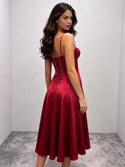 Red Tie-Up Back Corset Slit Midi Dress