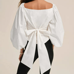 White Quarter Puff Sleeve Back Bow Top