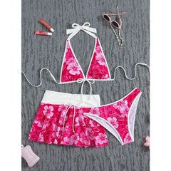 Floral Color Block Triangle Bikini And Pants With Cover Up Skirt Three-Piece Set