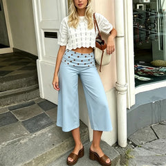 Fold Over Waist Wide Leg Capri Pants