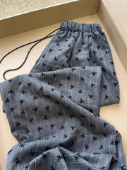 Stripe Grey Bow Drawstring Wide Leg Pants