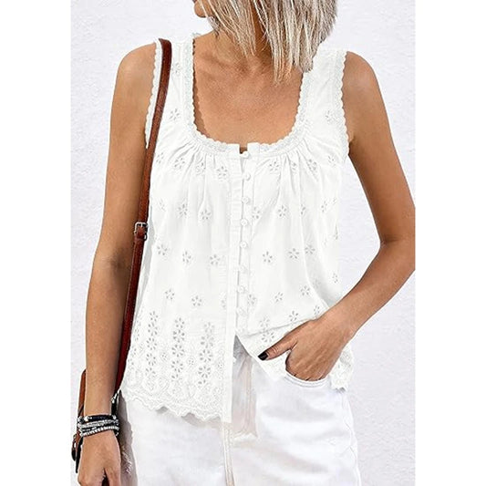 White Button Down Embroidered Eyelet Top