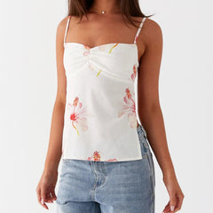 White Printed Open Back Tank Top