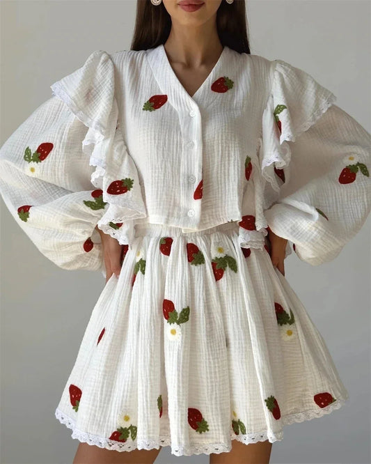 White Printed Ruffle Long Sleeve Shirt And Shorts Set