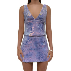 Purple Sequin Sleeveless Crop Tops With Mini Skirt Set