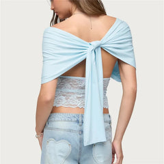 Draped Deep V-Neck Lace Patchwork Back Tie Up Top