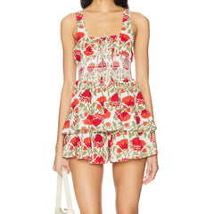 Flower Print Square Neck Ruffled Hem Tank Tops And Elastic Waist Shorts Set