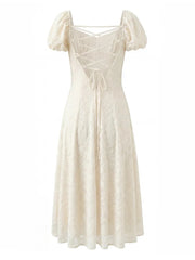 White Lace Short Puff Sleeve Tie Up Babydoll Maxi Dress