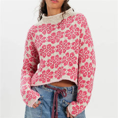 Floral Jacquard Cropped Knit Roll Neck Sweater