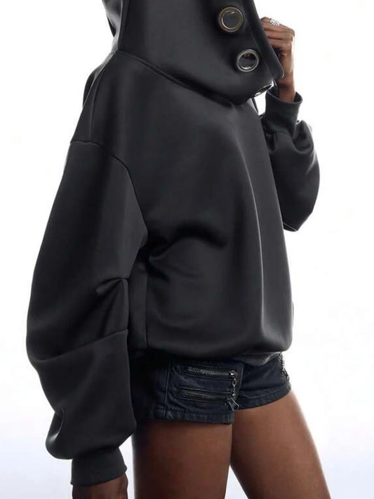 Grey Off-Shoulder Metal Eyelet Hooded Sweatshirt