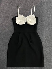 Black Spaghetti Strap 3D Flower Mini Dress