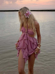 Pink Ruffles Cut Out Halter Rose Mini Dress