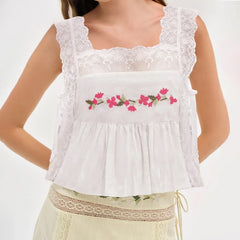 Flower Embroidered Lace Trim Square Neck Side Tie Tank Top
